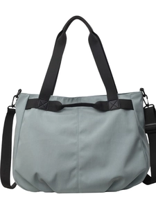 Retro light blue nylon tote bag with black straps and detachable shoulder strap for women