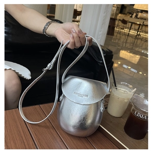 Detailed view of silver metallic leather saddle bag with fashion brand embossed texture