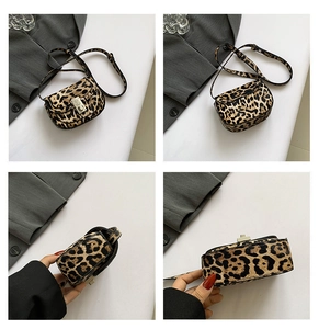 Detailed multi-angle view of leopard print mini crossbody bag with gold hardware buckle