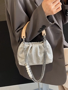 Sac Seau Plissé à la Mode pour Femmes Avec Poignée en Bois Chaîne en Künstliche Perles Cuir PU Sac à Bandoulière Cadeau