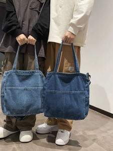 Borsa Tote in Denim Lavato di Grande Capacità per Donna Casual Multi Tasca Borsa a Tracolla Studente Scuola Viaggio Borsa a Mano