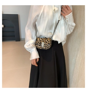 Mini leopard print crossbody bag with metal lock shown on a model with white silk shirt