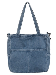 Borsa tote minimalista in denim lavato blu con tasche anteriori e spalline robuste