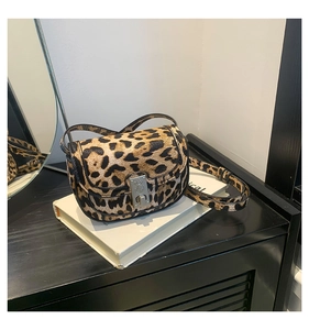 Detailed close-up of leopard print crossbody bag featuring vintage silver buckle on book