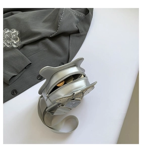 Silver cat ear crossbody bag with rivet details and adjustable wide fabric strap
