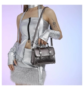 Fashionable gunmetal messenger bag with crackle texture and adjustable shoulder strap