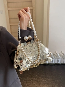 Women Elegant Sequin Evening Bag Artificial Pearl Handle Retro Metal Frame Clutch Shoulder Bag For Wedding Party Formal Event Gift