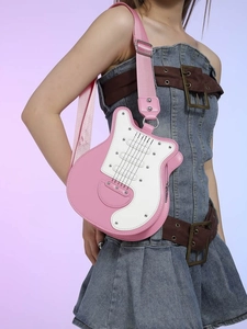 Stylish electric guitar shaped crossbody bag for women in pink and white faux leather