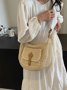 Damen Strohtasche mit Lederriemen, minimalistische gewebte Strandtasche für den Sommerurlaub
