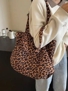 Large leopard print canvas tote bag for women stylish shoulder shopping bag with strap