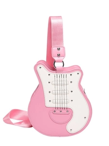 Pink guitar-shaped shoulder bag for women with silver studs and wide strap