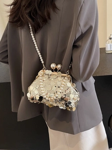 Elegant gold sequin evening clutch bag with pearl strap for weddings and parties