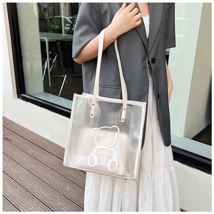Detail of waterproof transparent tote bag with white bear pattern and carry handles