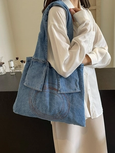 Retro Women Washed Denim Shoulder Tote Bag Circular Embroidery Large Capacity Casual Cotton Handbag For Daily Travel Blue Dark Blue