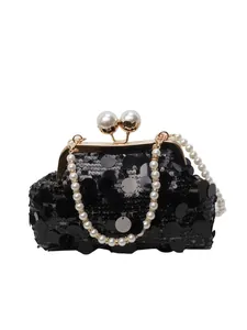 Elegant black sequin evening bag with gold metal frame and double pearl clasp handle