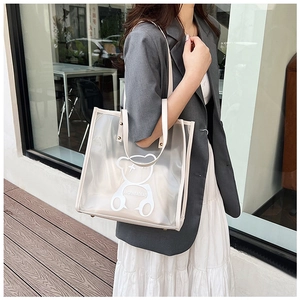 Detail of transparent PVC tote bag with bear print, including an inner pocket and dual handles
