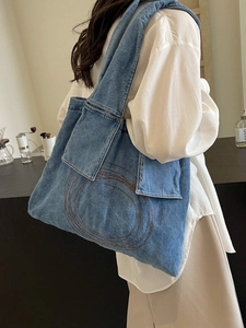 Large blue denim tote bag with red circular embroidery for women casual daily use