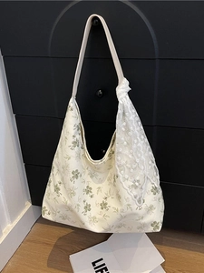 Sac Fourre-Tout en Toile Florale Grande Capacité Style Coréen pour Femmes Avec Ruban en Dentelle Sac à Bandoulière Hobo pour Voyage et Travail