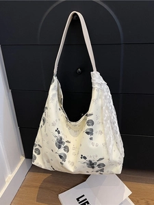 Sac fourre-tout floral en toile blanc cassé avec grande capacité et détail en dentelle