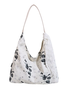 Sac fourre-tout en toile à motif floral noir avec élégant ruban en dentelle blanche