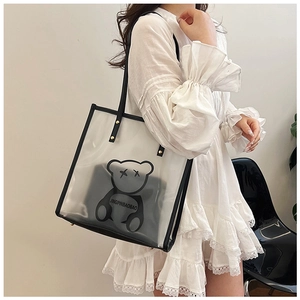 Detailed macro view of the transparent PVC tote bag with black leather trim and inner pouch