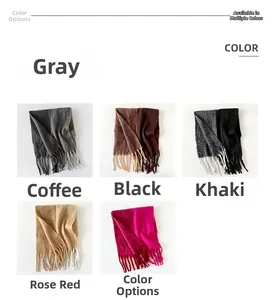 Detailed view of mohair knit scarves with fringe in grey, coffee, black, khaki, and rose red