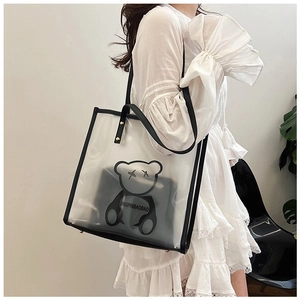 Detailed view of clear tote with black trim and bear graphic on a person