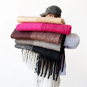 Solid Color Mohair Texture Winter Scarf For Women Thick Warm Mid-Length Shawl With Long Tassels Elegant Minimalist Daily Wrap