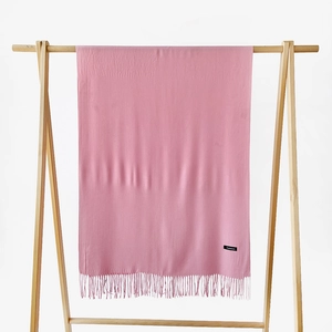 Detail of pink cashmere scarf featuring soft fabric texture and elegant fringe tassels