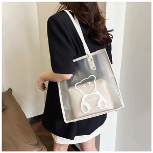 Detail of transparent PVC tote bag with white bear print and inner fabric pouch