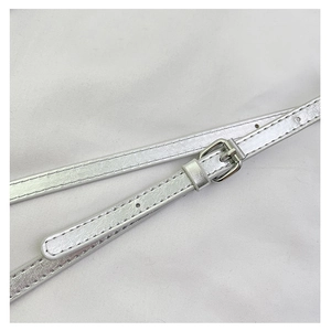 Detail of silver metallic saddle bag strap featuring polished buckle and fine stitching