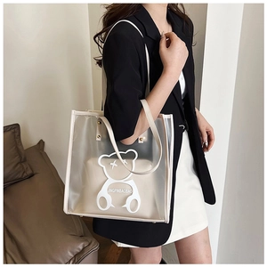 Detailed view of transparent tote bag featuring white bear print and inner pouch