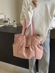 Pink pleated large capacity tote bag with drawstring pockets for casual fashion