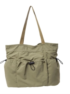 Olive green pleated shoulder tote bag with multi-pocket design and drawstring details