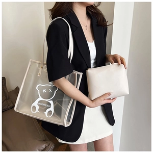 Detail of transparent PVC tote bag with white inner pouch and reinforced handle