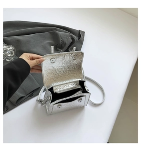 Detailed view of silver crinkled crossbody bag with double magnetic closure and interior pocket