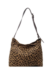 Large leopard print canvas tote bag with adjustable brown shoulder strap and crescent shape