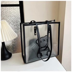 Detail of transparent PVC tote bag with black bear print and removable inner pouch