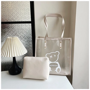 Detail of transparent PVC tote with inner leather pouch and cartoon bear graphic