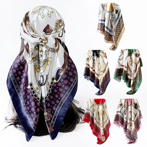 Vintage Satin Silk Like Square Scarf Women Elegant Horse Chain Print Headscarf Bandana Fashion Shawl Wrap For Daily Travel