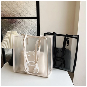 Close-up of translucent waterproof tote bags featuring cartoon bear and long handles