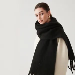 Women Winter Thick Warm Scarf Long Brushed Mohair Like Scarf With Tassels Solid Color Soft Large Shawl For Cold Weather