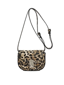 Leopard print crossbody bag with silver metal lock and adjustable black shoulder strap