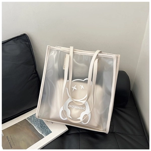 Detail of transparent PVC tote bag with leather trim and inner privacy pouch