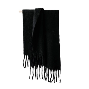 Thick black winter mohair-style long scarf with fringe tassels for cold weather