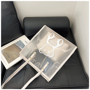 Detail of transparent PVC tote bag with white leather handle and golden metal rivets