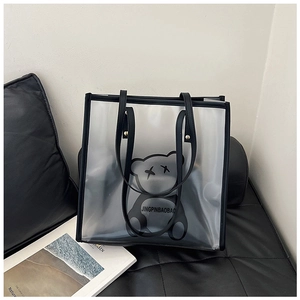 Macro detail of waterproof tote with bear print and sturdy black leather handles