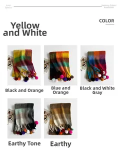 Detail view of colorful plaid scarves with soft pom-pom fringe and trendy grid patterns