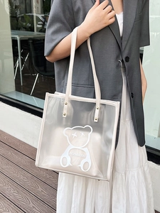 Large Capacity Transparent PVC Tote Bag With Inner Pouch Cartoon Bear Print Waterproof Shoulder Bag For Women Swimming Daily Travel