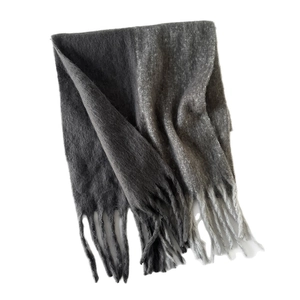 Soft gradient grey mohair scarf with tassels and fuzzy texture for winter warmth
